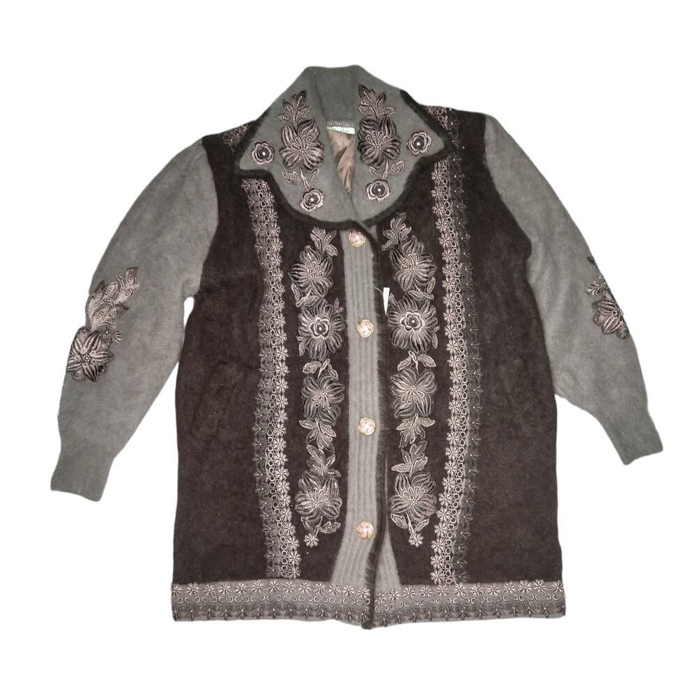 VTG 80s Whimsygoth Coquette Angora Knit Sweater Coat Jacket Floral Beaded L